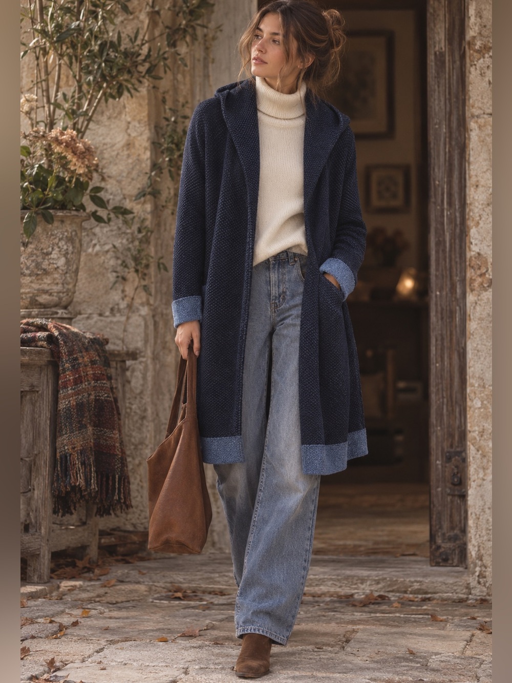 YOON Hooded Wool Cashmere Cardigan XS Navy Blue Longline Open Front